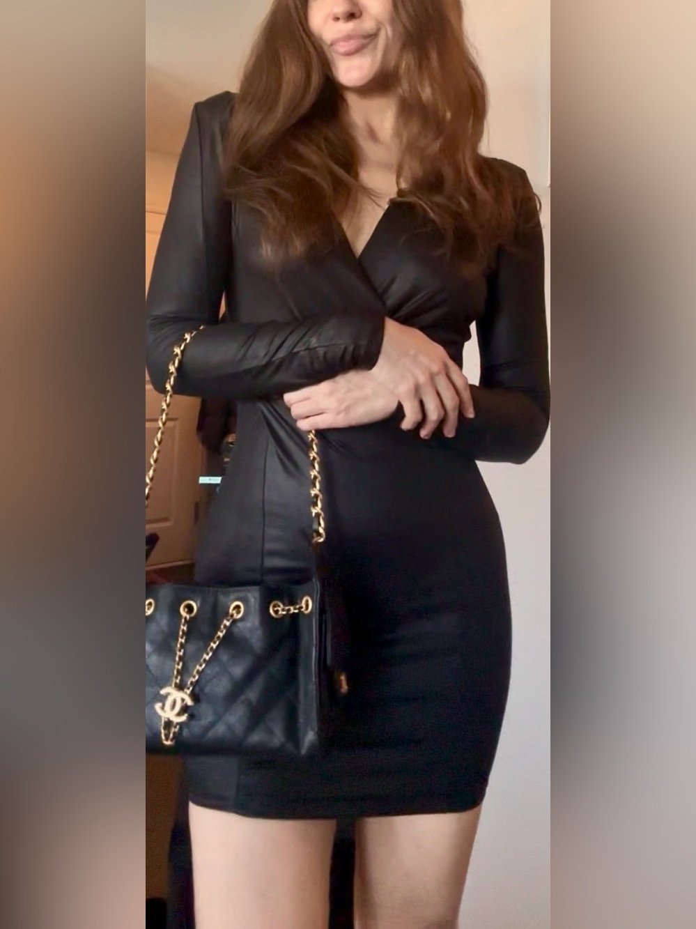 Black Faux Leather Long Sleeve Draped V-Neck Mini Dress